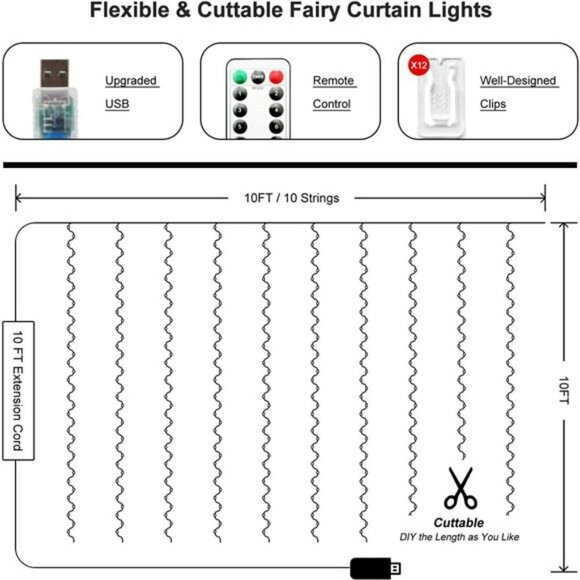 300 LED Curtain Fairy String Lights Warm White USB Remote Indoor Outdoor Decor - Picture 5 of 8